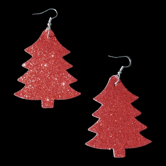 5/$25 Christmas Tree Glitter Earrings Faux Leather Plaid Christmas Dangle red - Picture 4 of 12